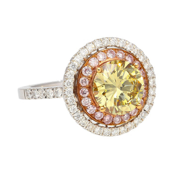 GIA Certified 2.30 Carat Fancy Brownish Greenish Yellow Diamond Round Double Halo Ring – Assay Jewelers