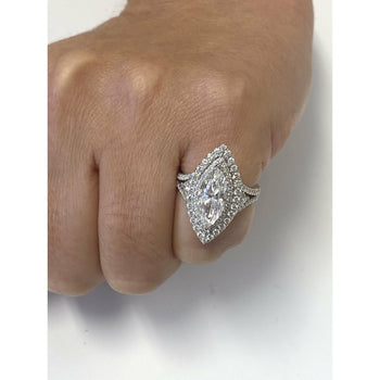 GIA Certified 2.38 Carat Marquis-Cut, H Color, Si1 Clarity Diamond set in 18k white gold and diamond halo ring – Assay Jewelers