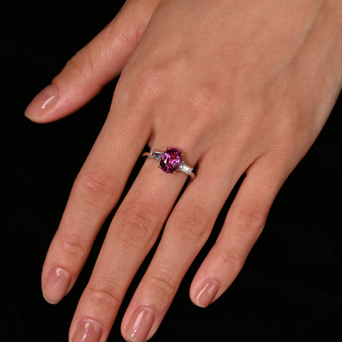 GIA Certified 3.2 Carat No Heat Pink Sapphire Oval and Diamond 3 Stone Ring