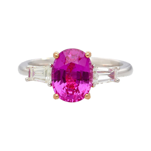 GIA Certified 3.2 Carat No Heat Pink Sapphire Oval and Diamond 3 Stone Ring