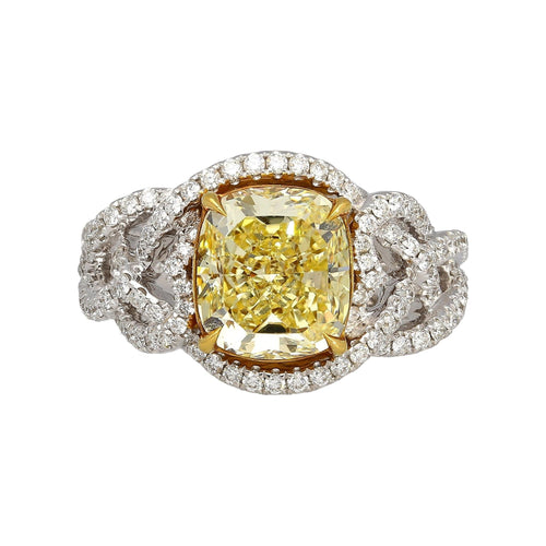 GIA Certified 3.25 Carat Yellow Diamond Interlocking Heart Shank Engagement Ring