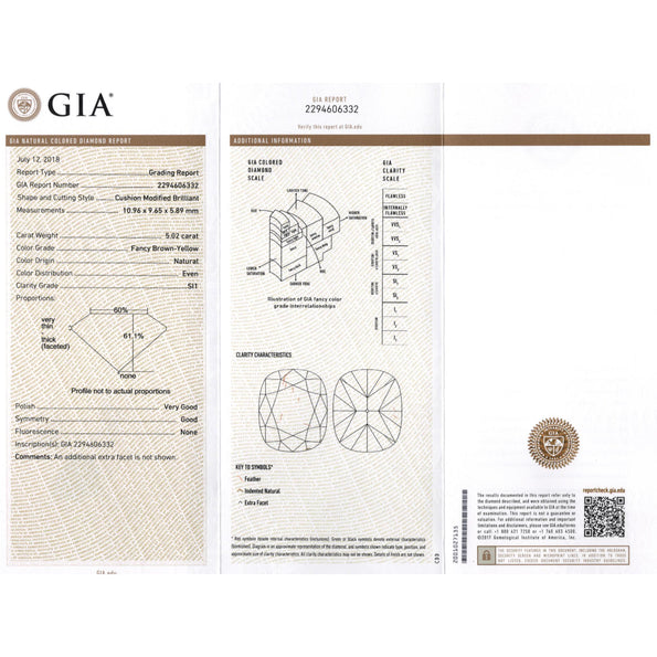 GIA Certified 5.02 Carat Cushion Cut Fancy Brown Yellow Diamond Ring in 18K Rose Gold & Detachable Bands