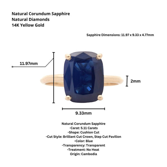 GIA Certified 5.11 Carat Cushion Blue Sapphire 14K Yellow Gold Solitaire Ring