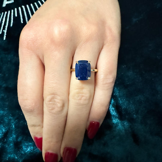 GIA Certified 5.11 Carat Cushion Blue Sapphire 14K Yellow Gold Solitaire Ring