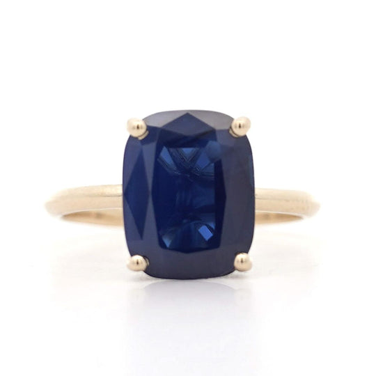 GIA Certified 5.11 Carat Cushion Blue Sapphire 14K Yellow Gold Solitaire Ring