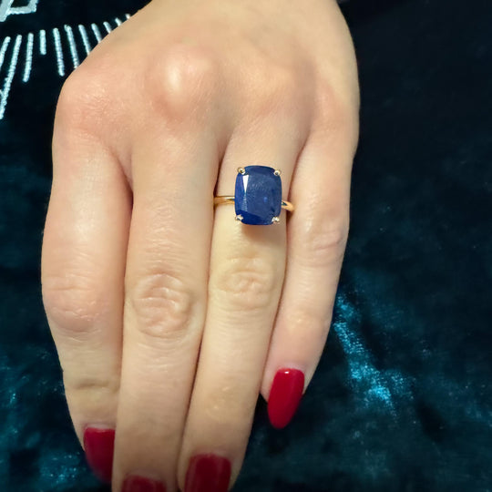 GIA Certified 5.11 Carat Cushion Blue Sapphire 14K Yellow Gold Solitaire Ring