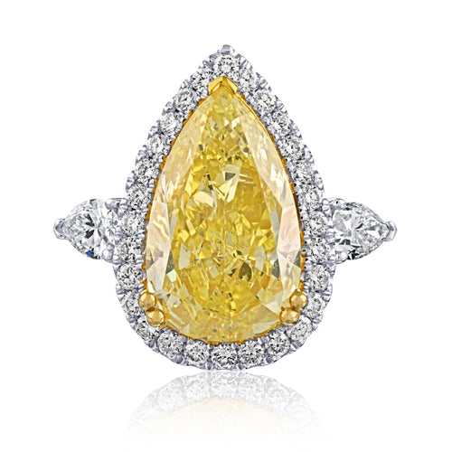 GIA Certified 6.06 Carat Fancy Intense Yellow Pear Cut Diamond 18K Ring