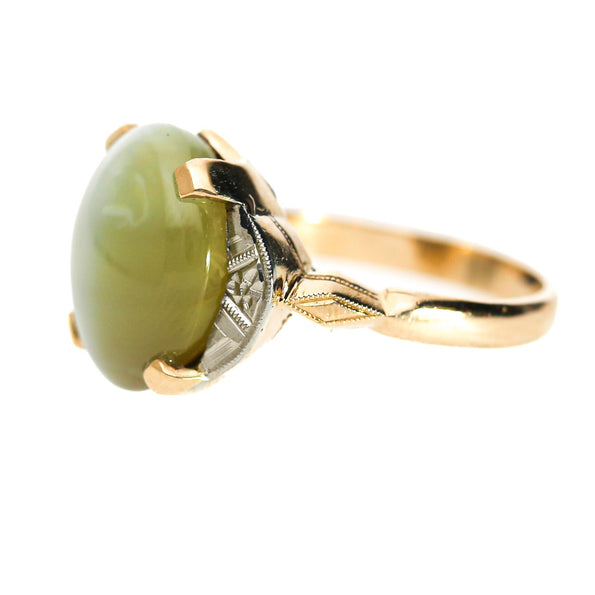 GIA Certified 9.46 Carat Green Cats Eye Chrysoberyl 14K Gold Art Deco Ring