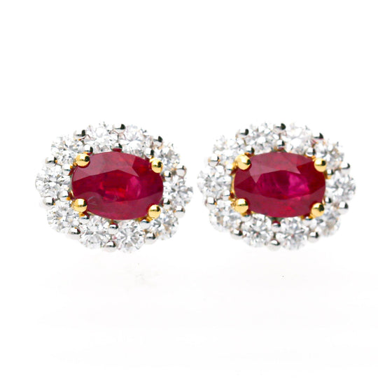GIA Certified Burma Ruby Diamond Halo 18K Two Tone Gold Necklace & Earring Set