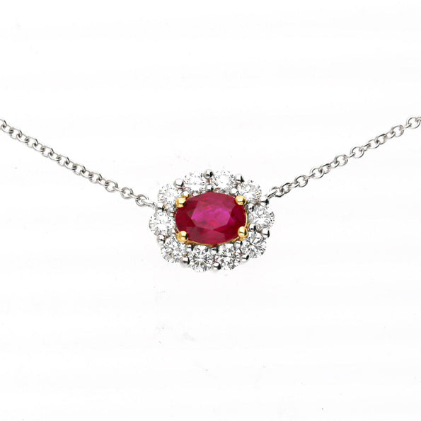 GIA Certified Burma Ruby Diamond Halo 18K Two Tone Gold Necklace & Earring Set