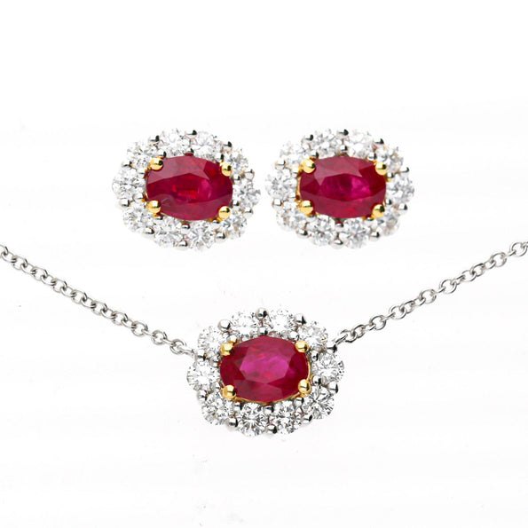 GIA Certified Burma Ruby Diamond Halo 18K Two Tone Gold Necklace & Earring Set