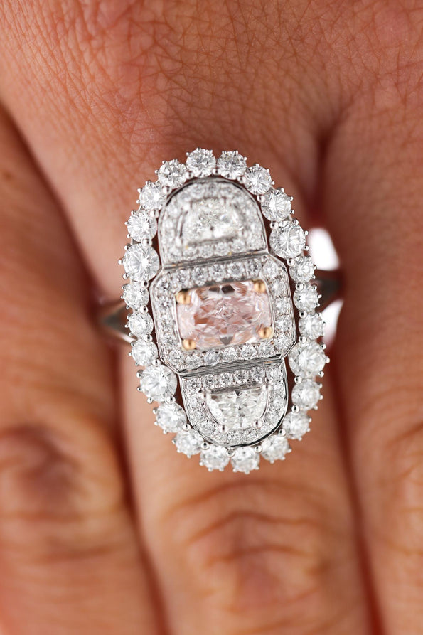 GIA Certified Fancy Light Pink Diamond Elongated Halo Cluster Ring