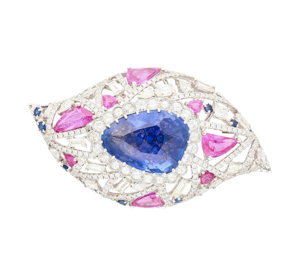 GIA Certified High Jewelry Sapphire and Diamond Eye Motif Pendant-Brooch