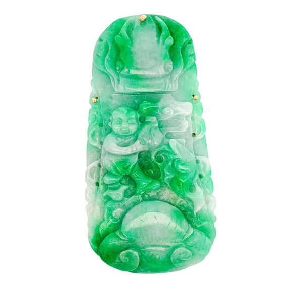GIA Certified Large Carved Jadeite Jade Fei Cui Boy Turtle Yellow Gold Pendant