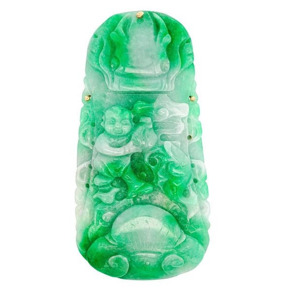 GIA Certified Large Carved Jadeite Jade Fei Cui Boy Turtle Yellow Gold Pendant