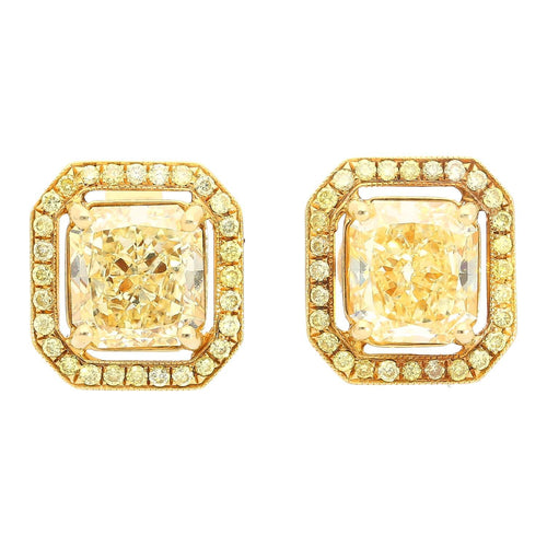 GIA Certified Natural 3 Carat TW Fancy Yellow Diamond Radiant Cut Stud Earrings in 18K Gold