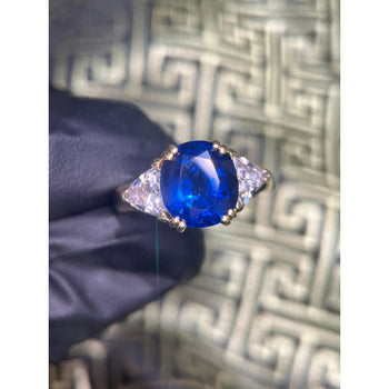 GIA Certified Oval Blue Sapphire and Trillion Diamond 3 Stone Ring in 18K – Assay Jewelers