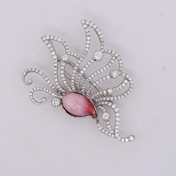 GIA Certified Pink Natural Saltwater Conch Pearl & Diamond Platinum Brooch