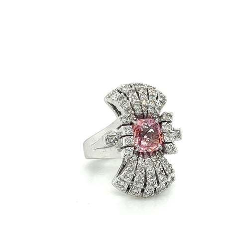 GIA Certified Pink Sapphire and Diamond Vintage 18K Gold Vertical Ring