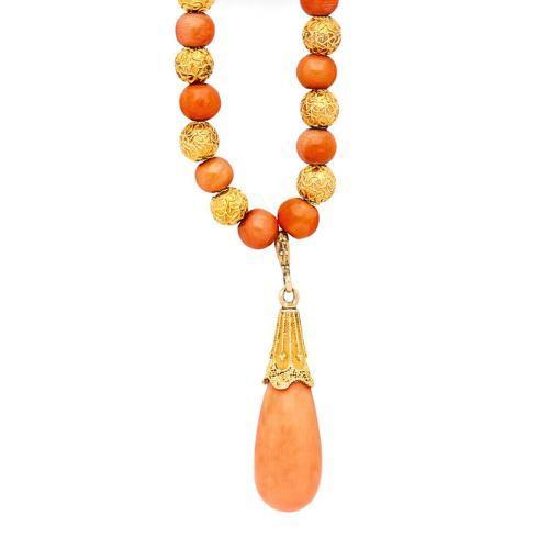 GIA Certified Vintage Coral and 14K Gold Filigree Bead Necklace Drop Pendant