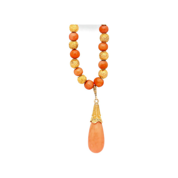 GIA Certified Vintage Coral and 14K Gold Filigree Bead Necklace Drop Pendant