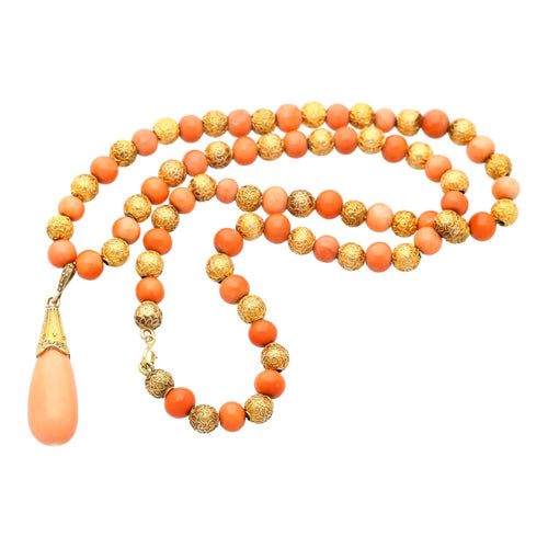 GIA Certified Vintage Coral and 14K Gold Filigree Bead Necklace Drop Pendant