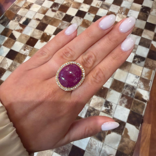 GRS Certified 48 Carat Star Ruby Cabochon & Diamond in 18K Rose Gold Halo Ring