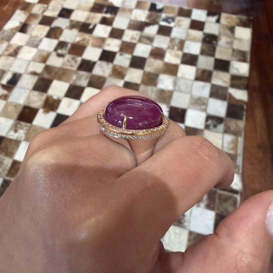 GRS Certified 48 Carat Star Ruby Cabochon & Diamond in 18K Rose Gold Halo Ring