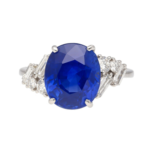 GRS Certified 6.35 Carat Oval Cut Royal Blue Sapphire with Diamonds in Platinum Ring