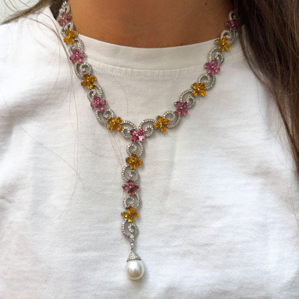 Greek 12 Carat Diamond South Sea Pearl Tourmaline Citrine Earring Necklace Set