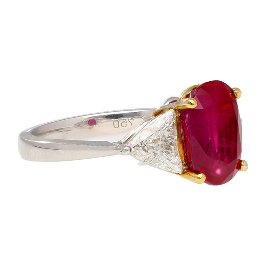 Gubelin Certified 4.47 Oval Cut Ruby with Trillion Cut Diamond Sides in 18K White Gold Ring