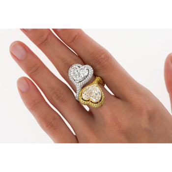 Heart Cut 5.79 & 5.73 Carat Fancy Yellow & White Diamond Toi Et Moi 18K Gold Ring – Assay Jewelers