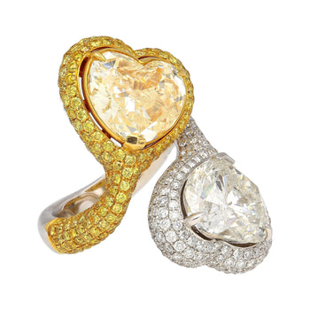 Heart Cut 5.79 & 5.73 Carat Fancy Yellow & White Diamond Toi Et Moi 18K Gold Ring – Assay Jewelers