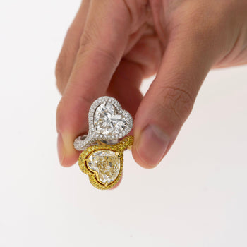 Heart Cut 5.79 & 5.73 Carat Fancy Yellow & White Diamond Toi Et Moi 18K Gold Ring – Assay Jewelers