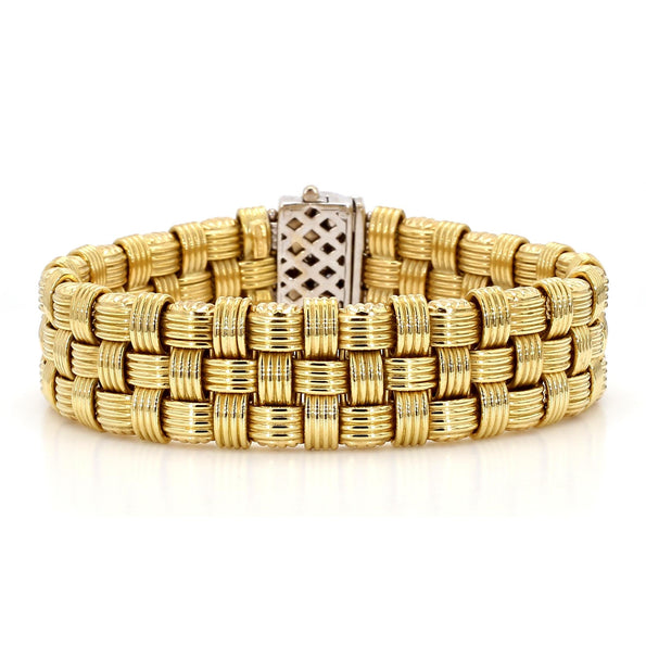 Italian 18K Gold Diamond Pave Clasp Woven Basket Bracelet