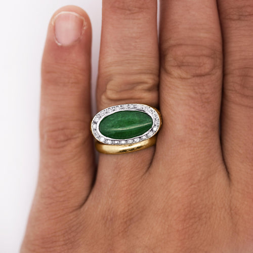 Jadeite Jade Bezel Set & Diamond Pavé in 14K Gold Nugget Ring