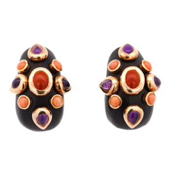 L'OREE DU BOIS Ebony Wood Coral Amethyst 18K Gold Designer Clip On Earrings – Assay Jewelers