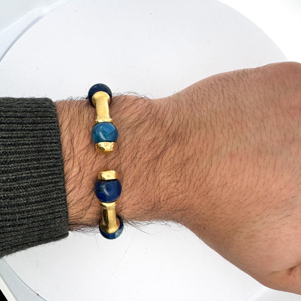 Lapis Lazuli 21K Gold Hammered Finish Bead Bangle Bracelet
