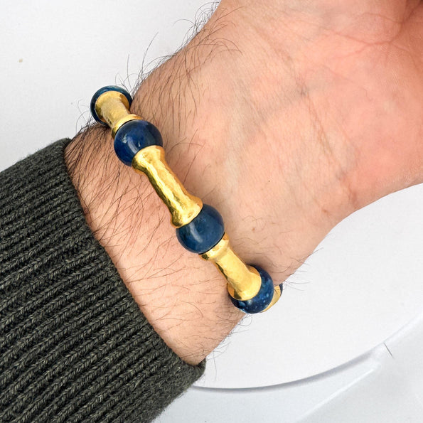 Lapis Lazuli 21K Gold Hammered Finish Bead Bangle Bracelet