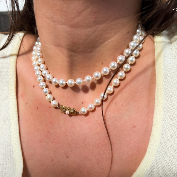 Mikimoto Signed 33-Inch Akoya Pearl 18k Gold Bead Necklace