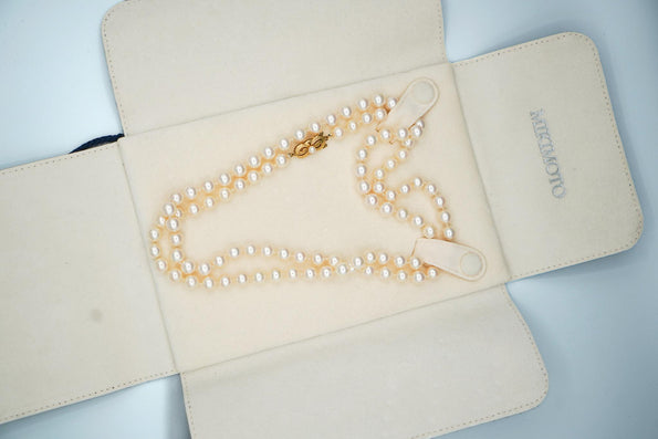 Mikimoto Signed 33-Inch Akoya Pearl 18k Gold Bead Necklace