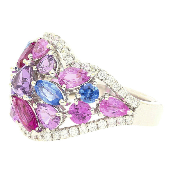 Multicolor Sapphire Pear Marquise Mix & Diamond Cluster 18K White Gold Dome Ring