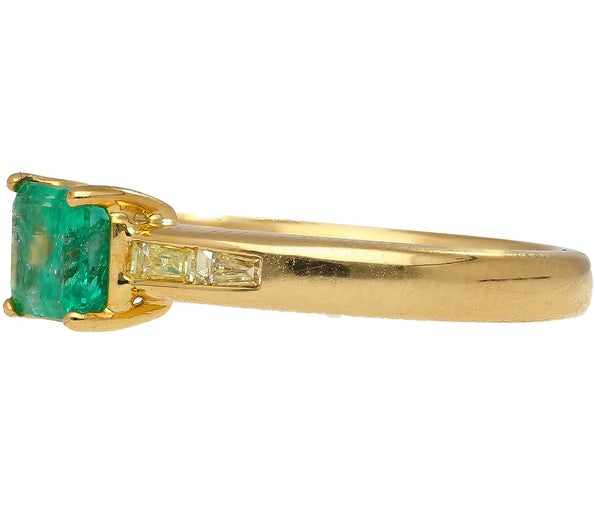 Natural 1 Carat Emerald & Baguette Diamond 18K Gold East West Ring