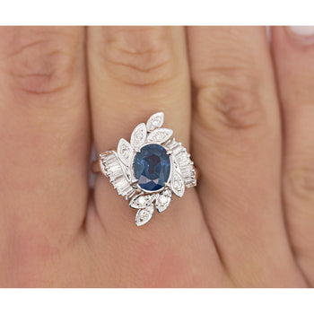 Bague florale en platine avec saphir bleu ovale naturel de 1,52 carat et diamants – Assay Jewelers