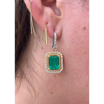 Natural Colombian 7.36 CTTW Emerald & Diamond Halo Dangle Drop 18K Gold Earrings – Assay Jewelers