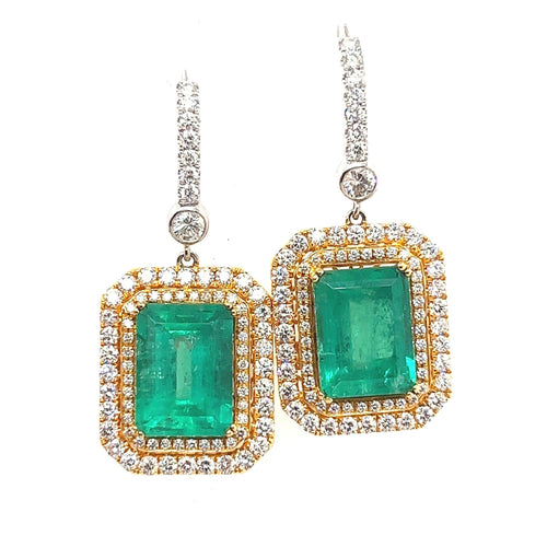 Natural Colombian 7.36 CTTW Emerald & Diamond Halo Dangle Drop 18K Gold Earrings