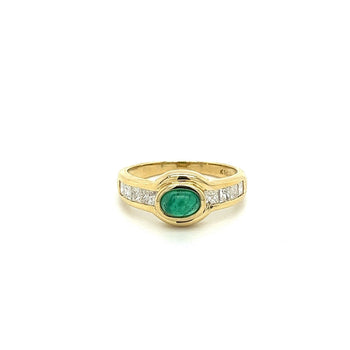 Natural Emerald Bezel Set Cabochon Cut Ring With Princess Cut Diamonds in 18K Yellow Gold – Assay Jewelers