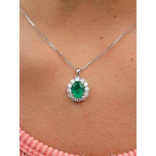 Natural Emerald Pendant and Diamond Halo in 18k Solid White Gold