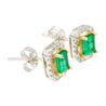 Natural Emerald and Diamond Halo Stud Earrings in 18K White Gold