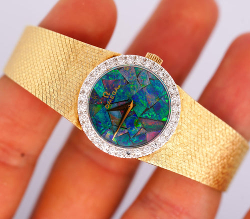 Omega 23mm Fire Black Opal Dial & Diamond Bezel 14K Gold Vintage Watch
